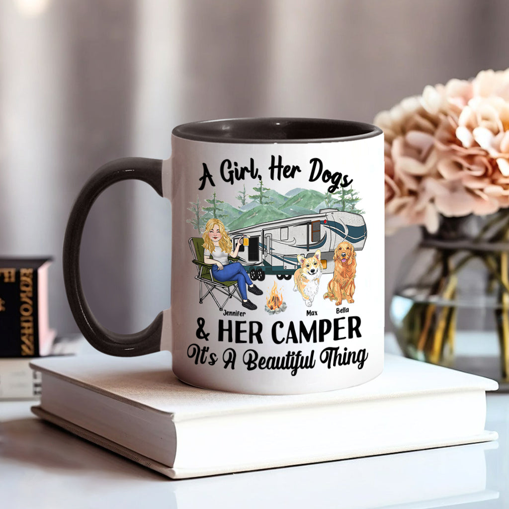 Une fille, son chien et sa caravane - Cadeau de camping pour les amoureux des chiens - Mug personnalisé