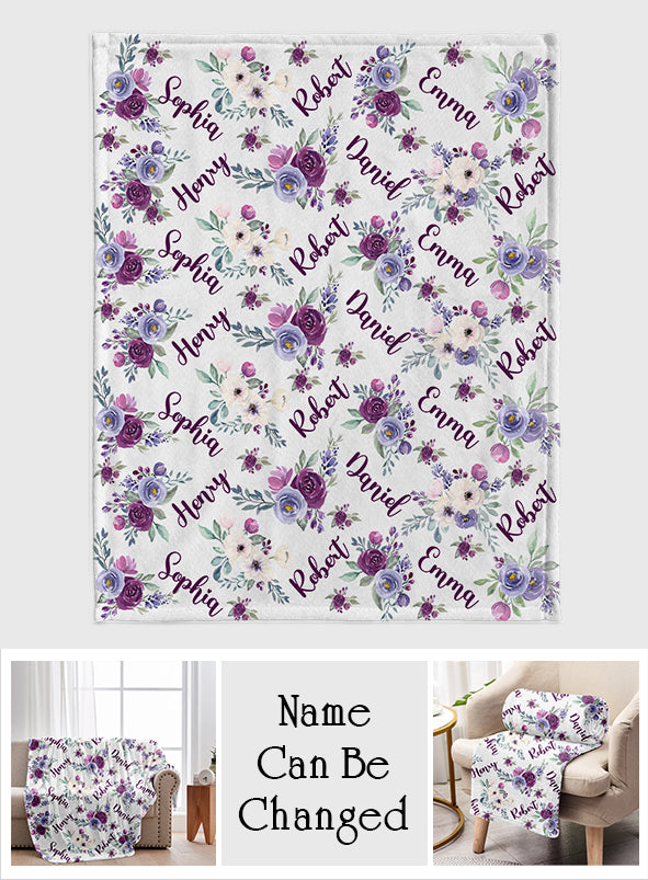 Couverture familiale personnalisée avec nom et fleurs violettes