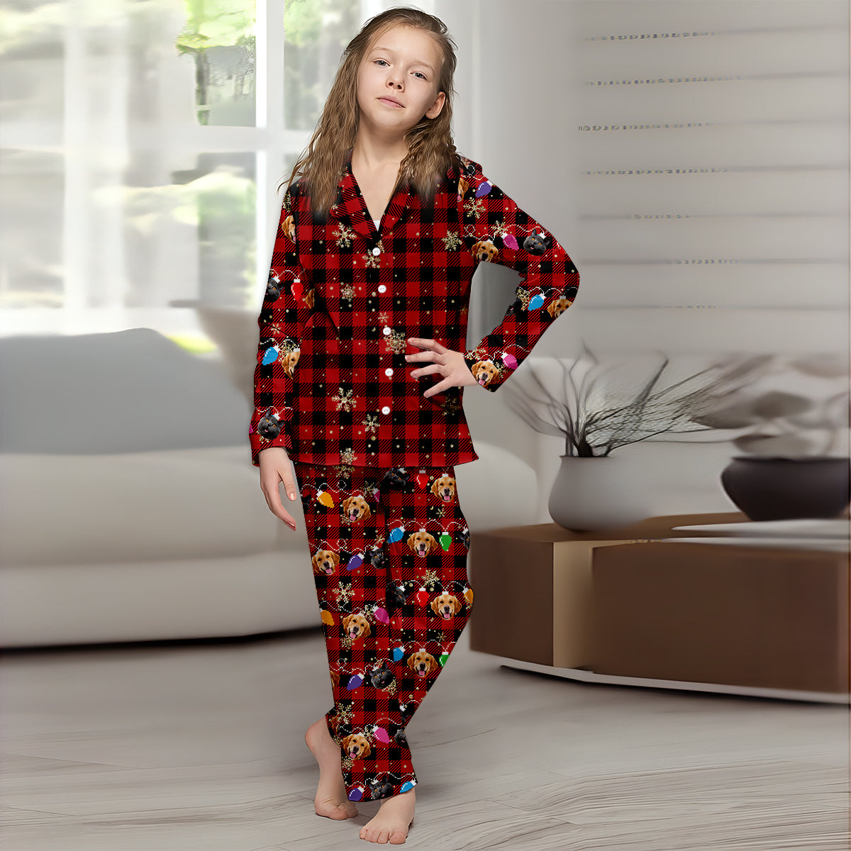 Guirlande lumineuse de Noël avec adorables visages de chiens et de chats - Cadeau pour les amoureux des chiens et des chats - Pyjama à boutons personnalisé