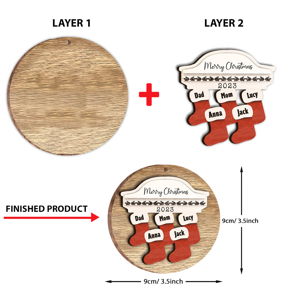 Joyeux Noël - Ornement familial personnalisé en bois à 2 niveaux