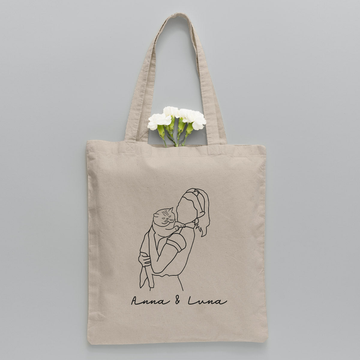 Sac fourre-tout brodé personnalisé avec photo au trait et motif chat