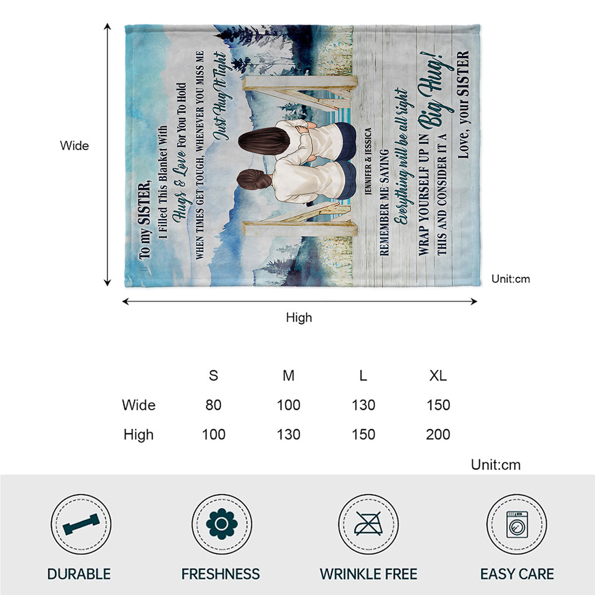Couverture personnalisée pour sœur, remplie de câlins et d'amour