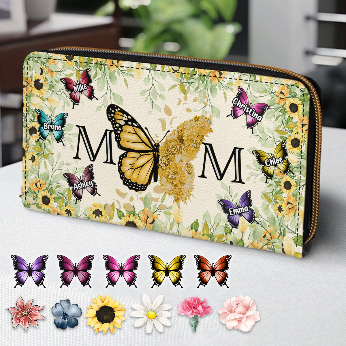 Portefeuille long en cuir personnalisé « Maman Papillon » - Maman