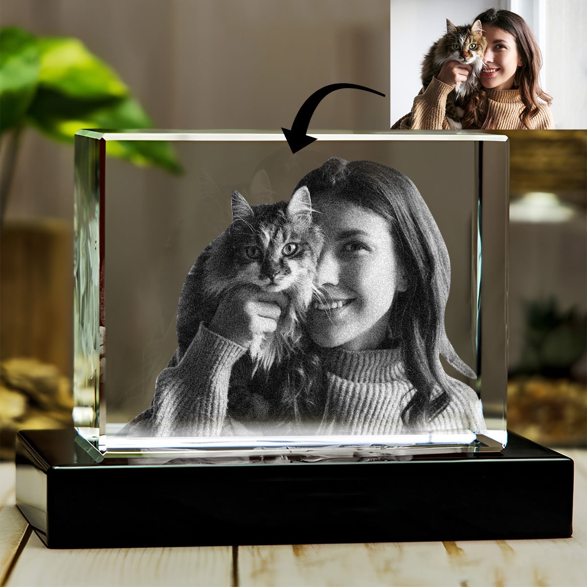 Lampe en cristal 3D cubique gravée au laser avec photo personnalisée - Chat