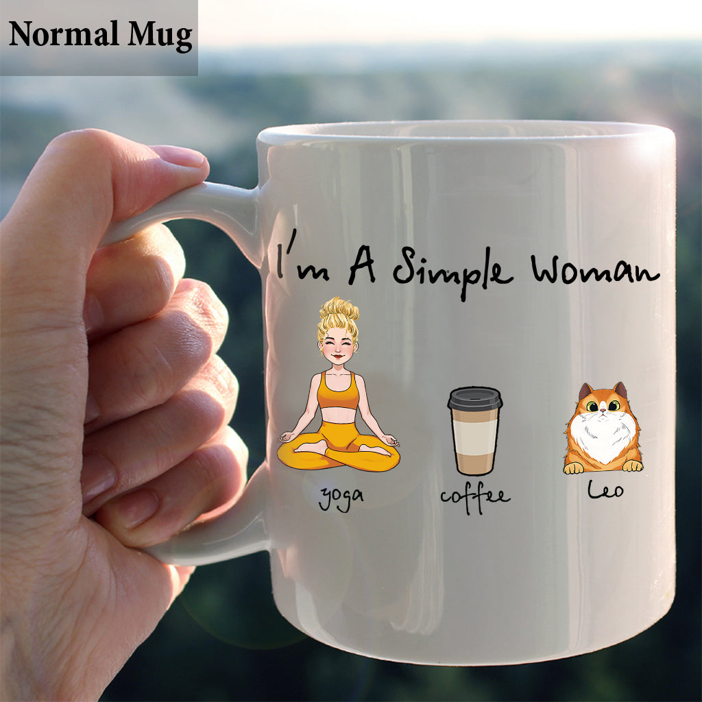 Je suis une femme simple - Mug personnalisé, cadeau de yoga pour les amoureux des chiens et des chats
