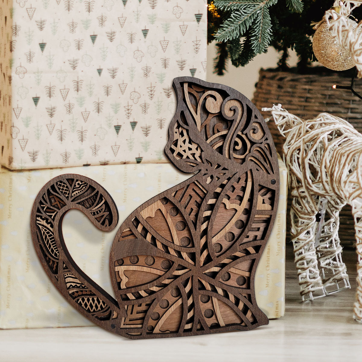 Sculpture de chat en bois personnalisée et artisanale - Chat personnalisé en bois à 4 couches