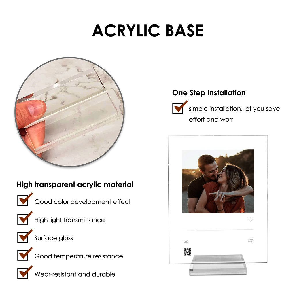 Plaque acrylique transparente personnalisée pour couple avec photo et chanson préférée (code QR scannable).