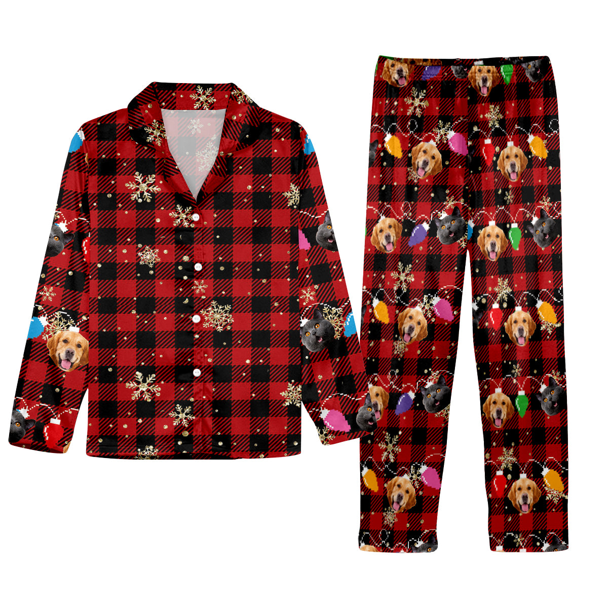 Guirlande lumineuse de Noël avec adorables visages de chiens et de chats - Cadeau pour les amoureux des chiens et des chats - Pyjama à boutons personnalisé