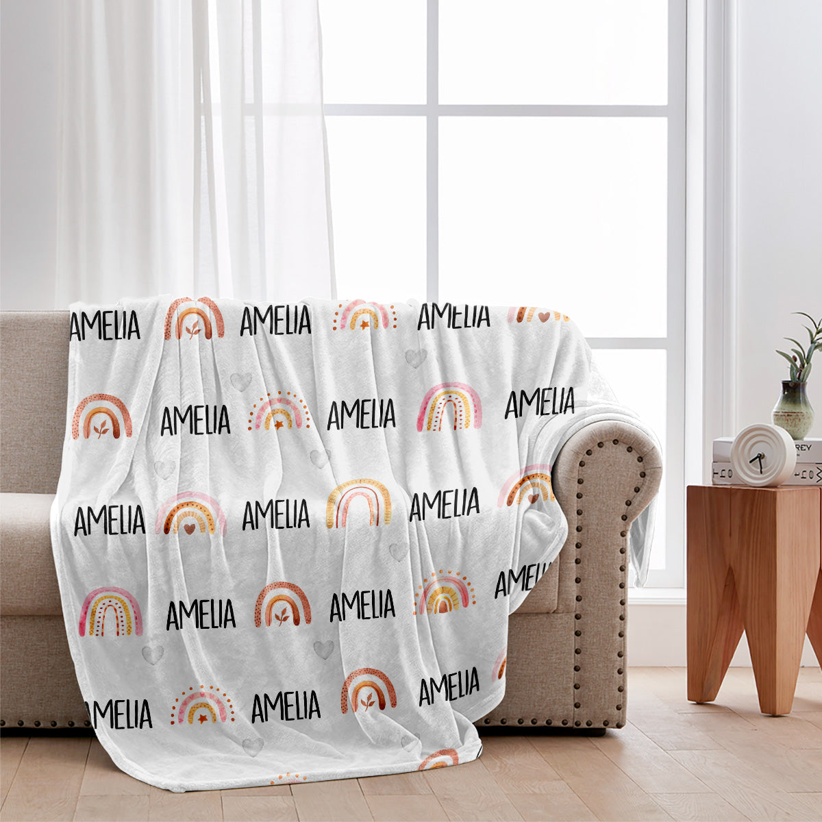Couverture personnalisée arc-en-ciel rétro avec nom pour petite-fille