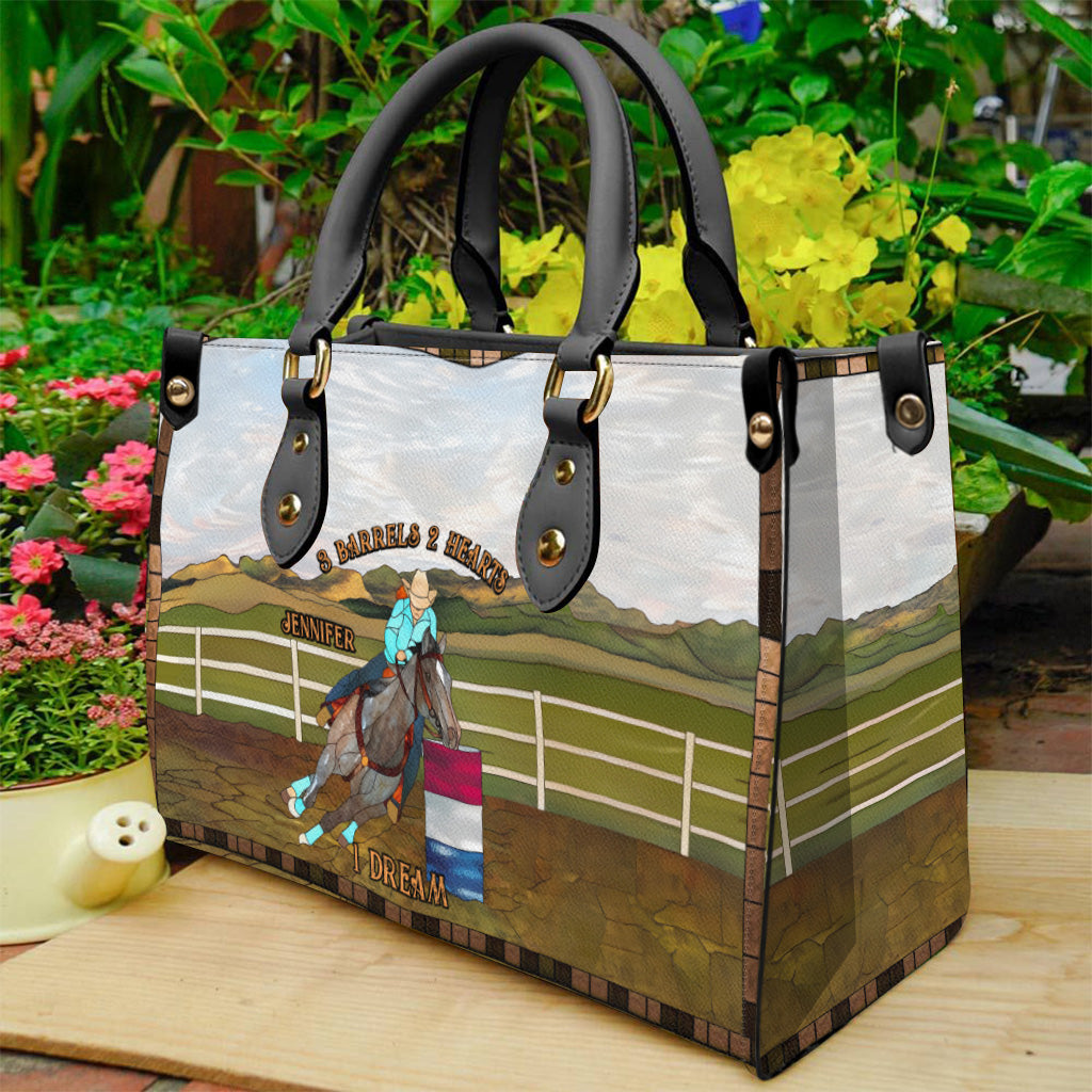 Sac à main personnalisé en cuir de cheval « 3 Barils, 2 Cœurs, 1 Rêve »