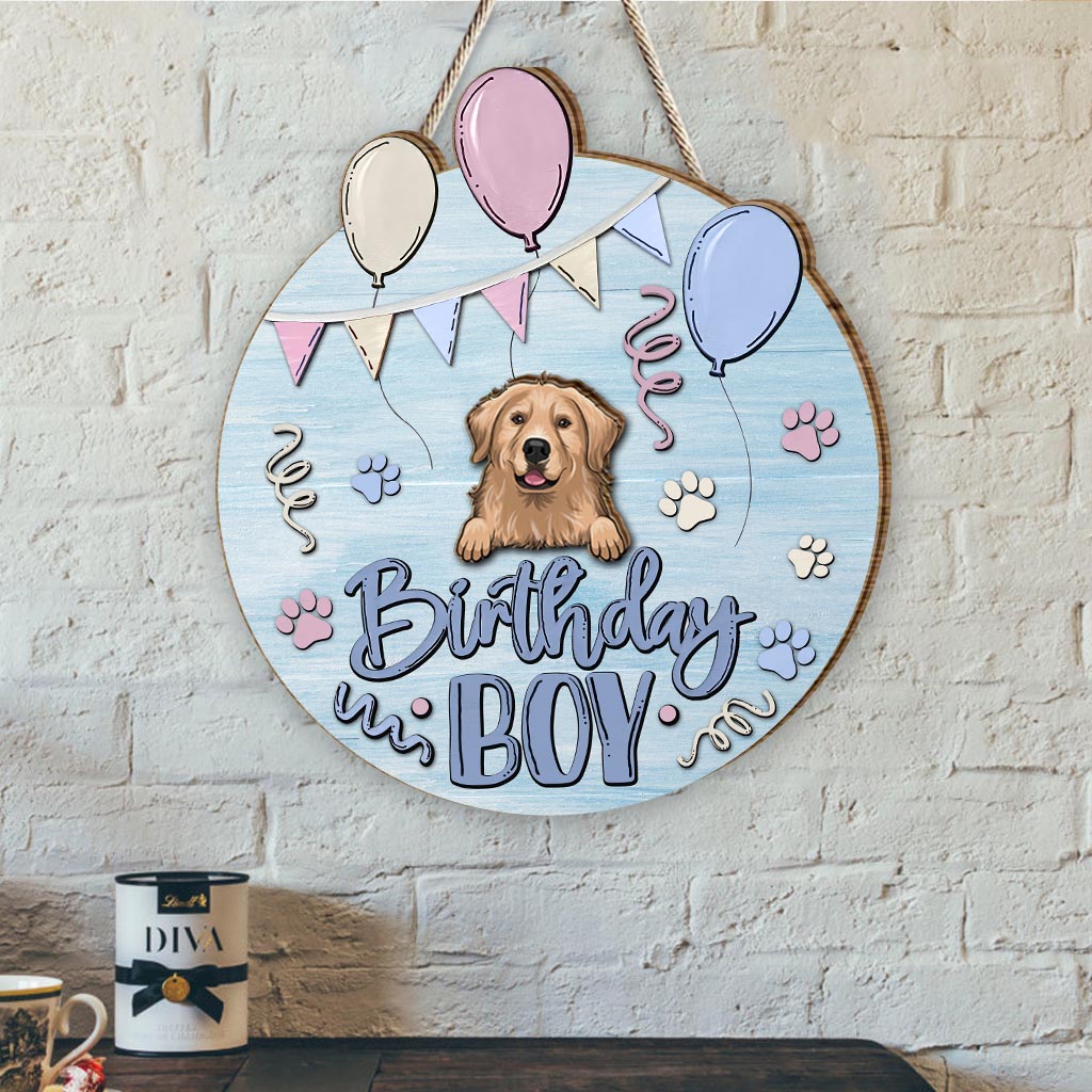 Panneau en bois personnalisable pour anniversaire (garçon/fille, animal de compagnie : chat/chien) - Panneau en bois interchangeable avec motif chien