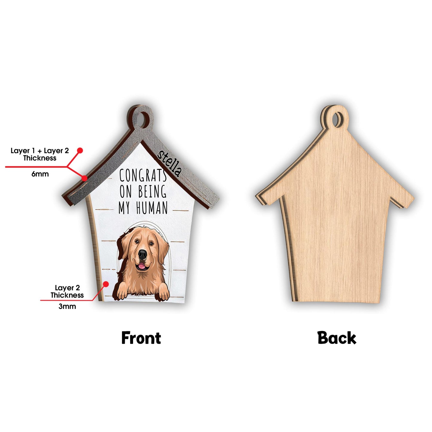 Félicitations pour être mon humain ! - Ornement personnalisé pour chien en deux parties.