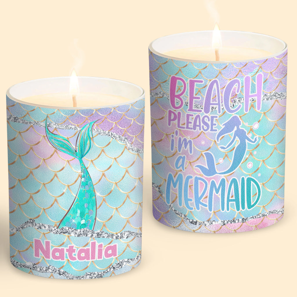 Bougie personnalisée « Beach Please I'm A Mermaid » avec couvercle en bois, idéale pour les amoureux de la mer