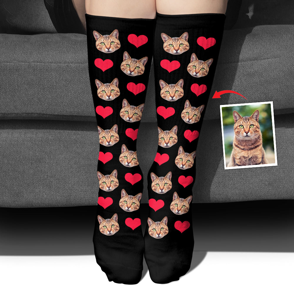 Chaussettes personnalisées pour chat avec motif cœur et visage personnalisé