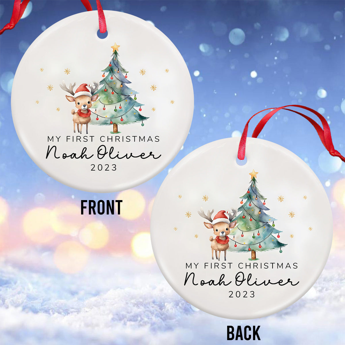 Premier Noël de bébé - Ornement rond en céramique personnalisé pour enfant