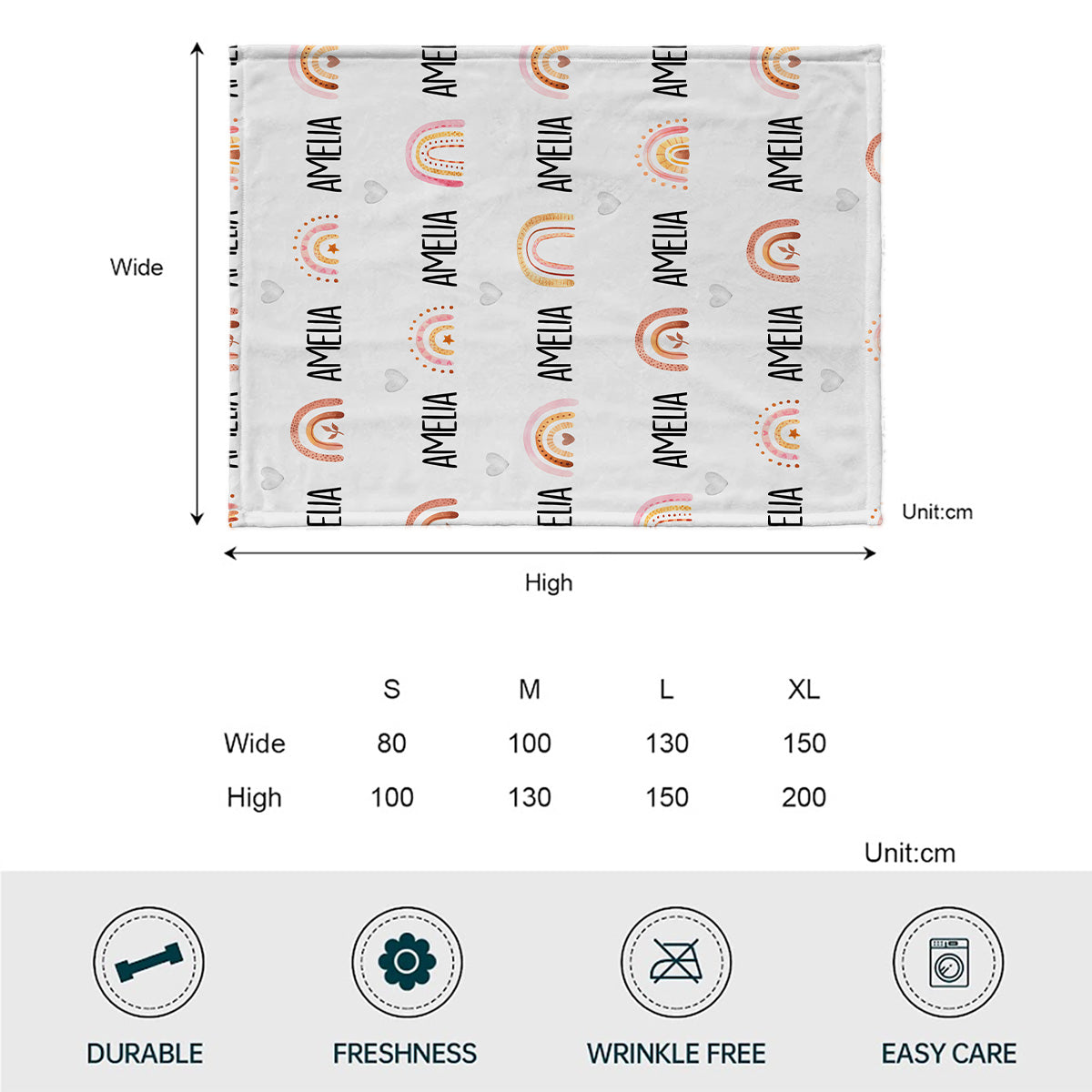 Couverture personnalisée arc-en-ciel rétro avec nom pour petite-fille