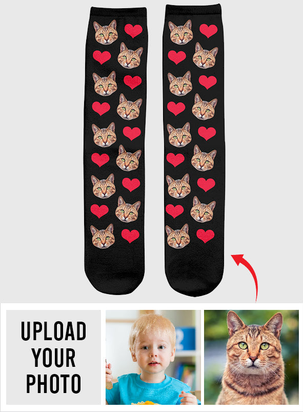 Chaussettes personnalisées pour chat avec motif cœur et visage personnalisé