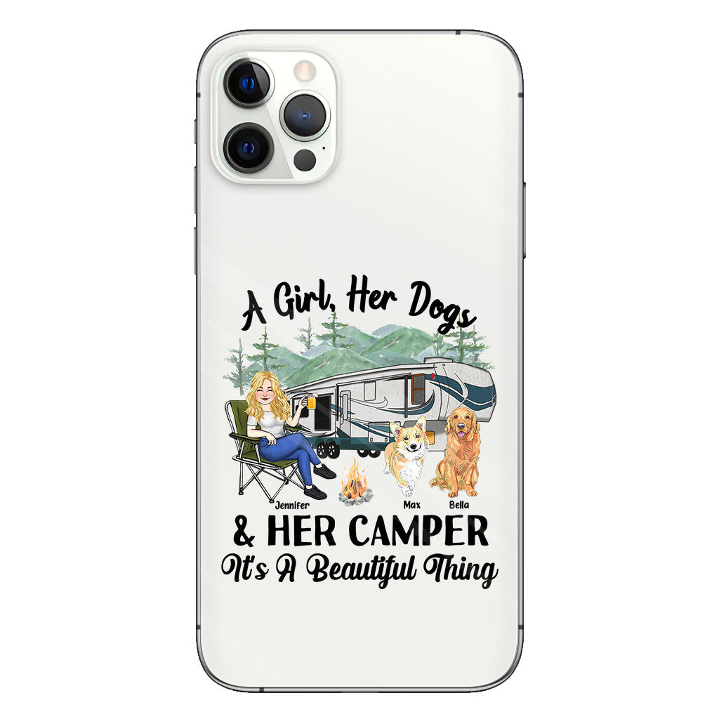 Une fille, son chien et sa caravane - Cadeau de camping pour les amoureux des chiens - Coque de téléphone transparente personnalisée