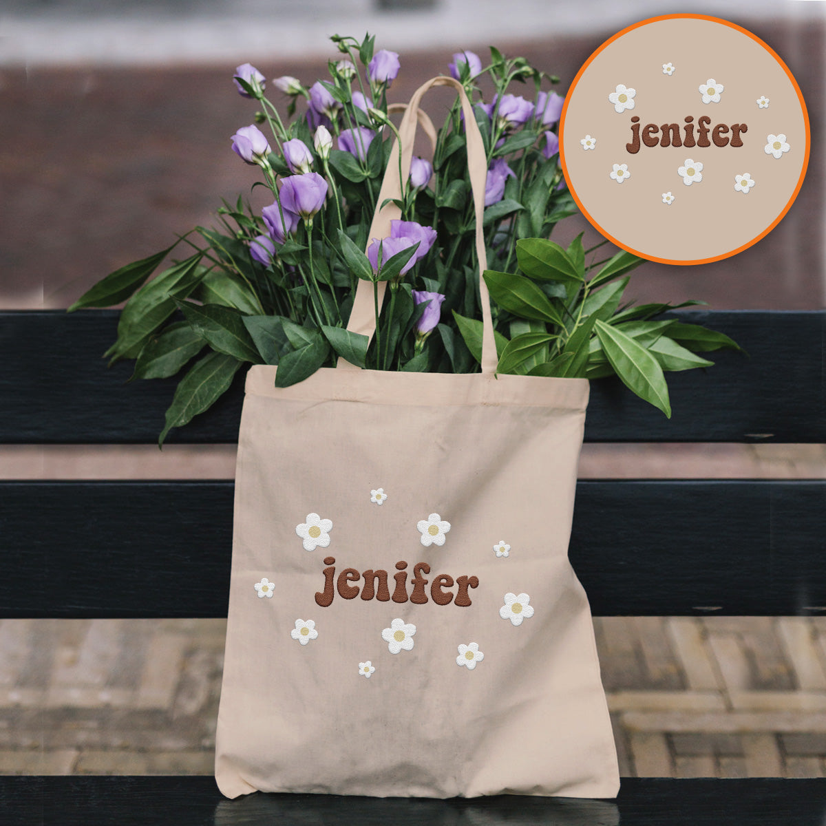 Sac fourre-tout brodé personnalisé avec nom et fleur - Sac fourre-tout brodé personnalisé pour petite-fille