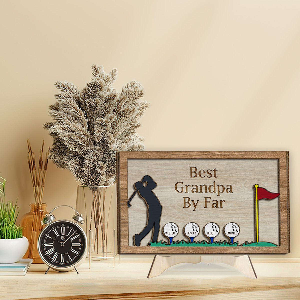 Meilleur grand-père/papa de loin - Plaque en bois personnalisée sur le thème du golf (2 couches)