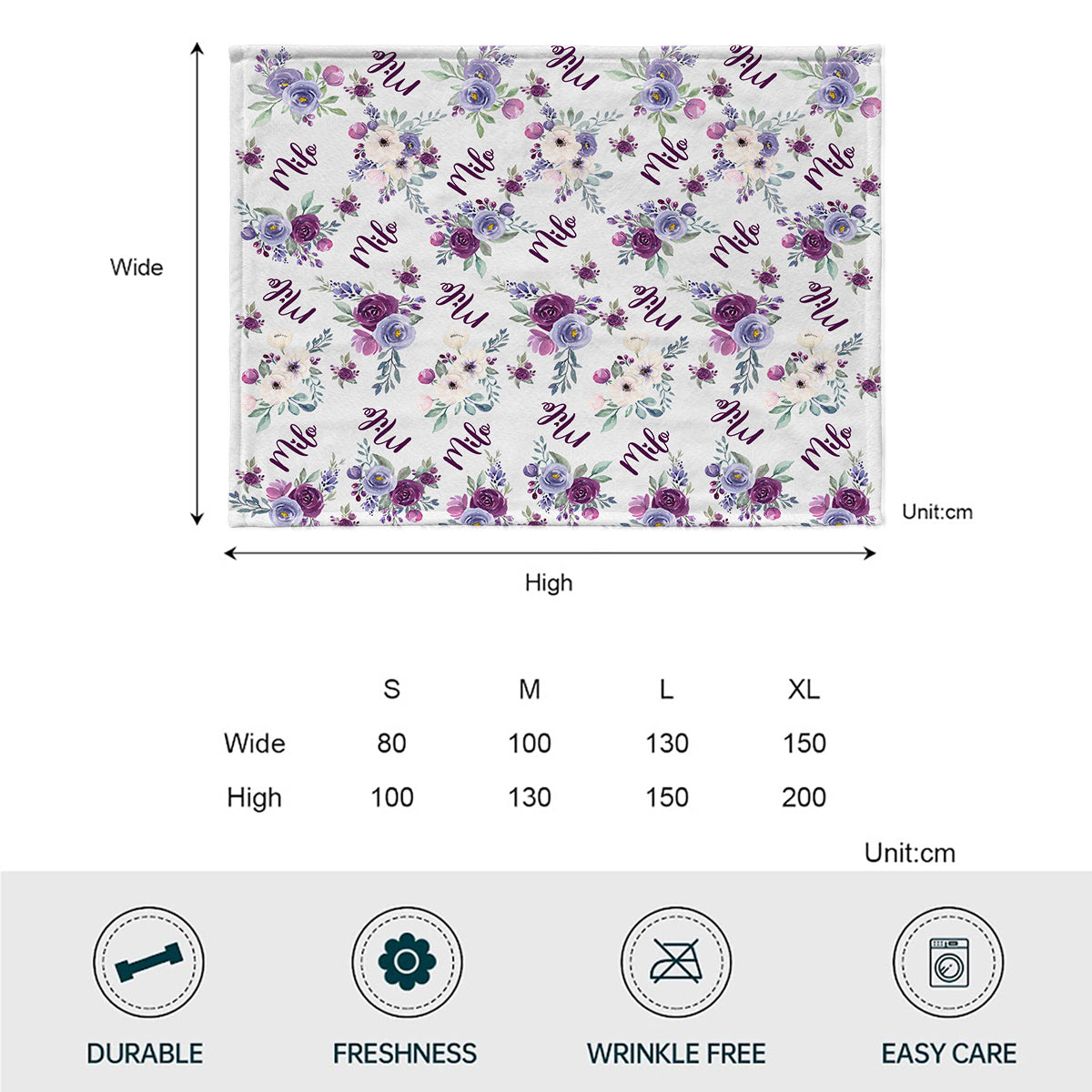 Couverture personnalisée pour chat avec nom de chat et fleurs violettes