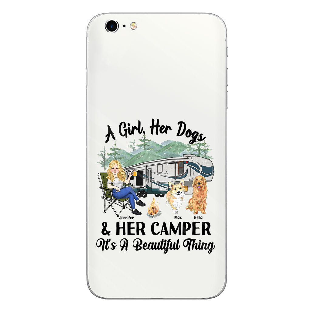 Une fille, son chien et sa caravane - Cadeau de camping pour les amoureux des chiens - Coque de téléphone transparente personnalisée