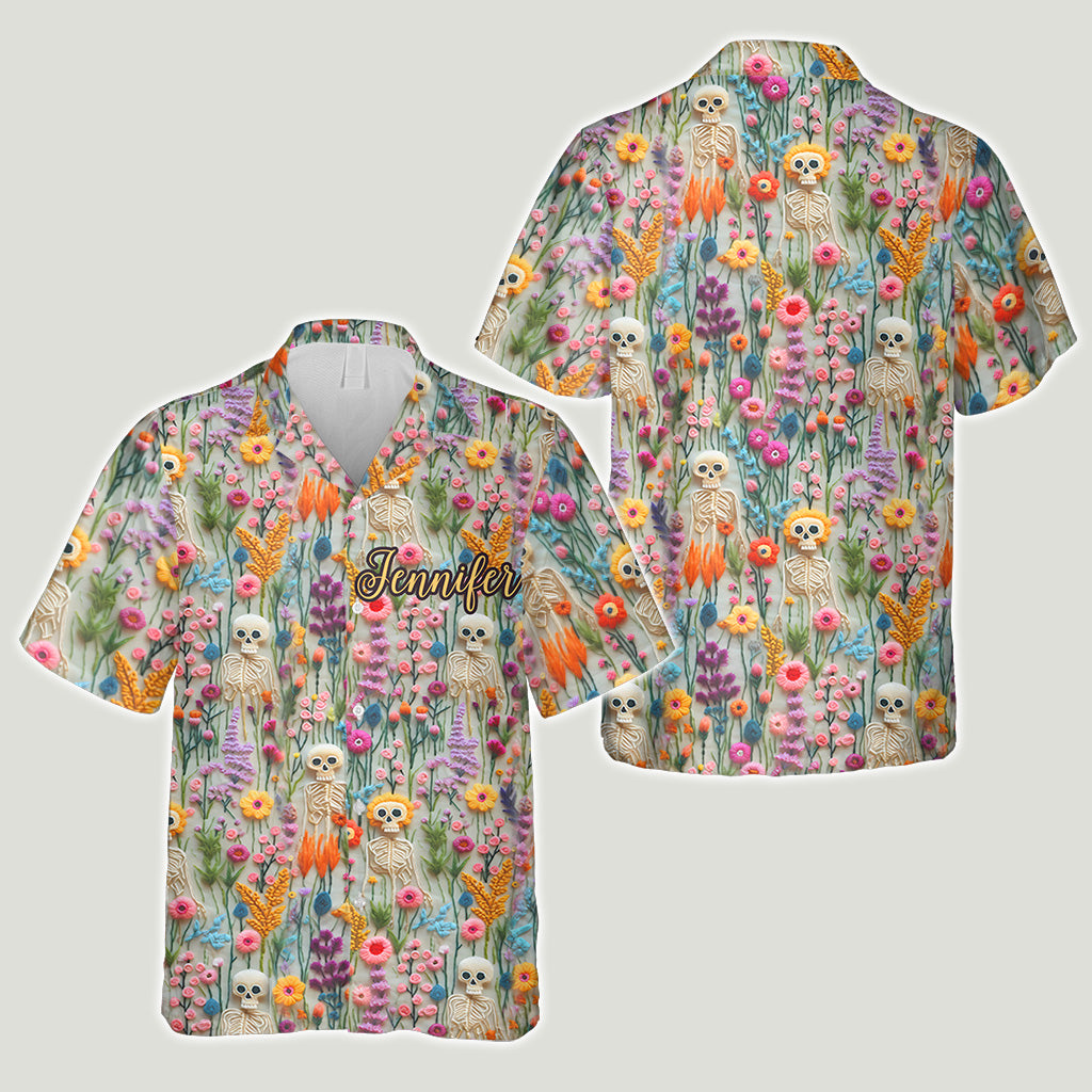Chemise hawaïenne personnalisée à motif squelette floral et crâne