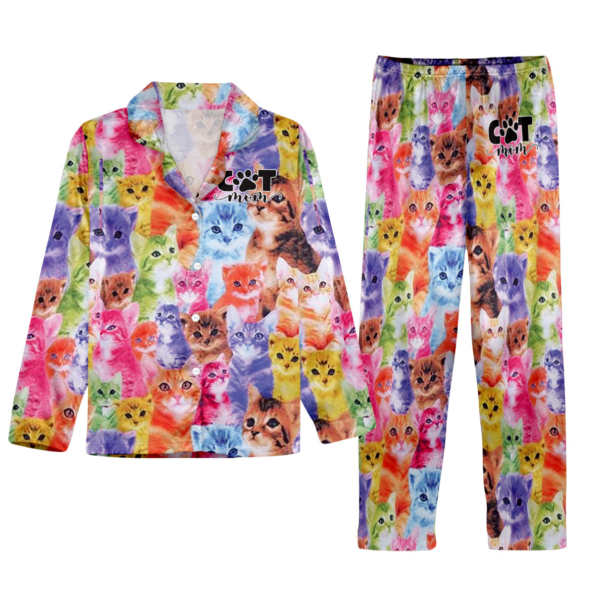 Photo Insert Transferring Into Colorful Style - Personalized Cat Button Down Pajamas