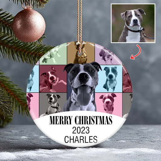 Version Joyeux Noël - Ornement rond en céramique personnalisé pour chien