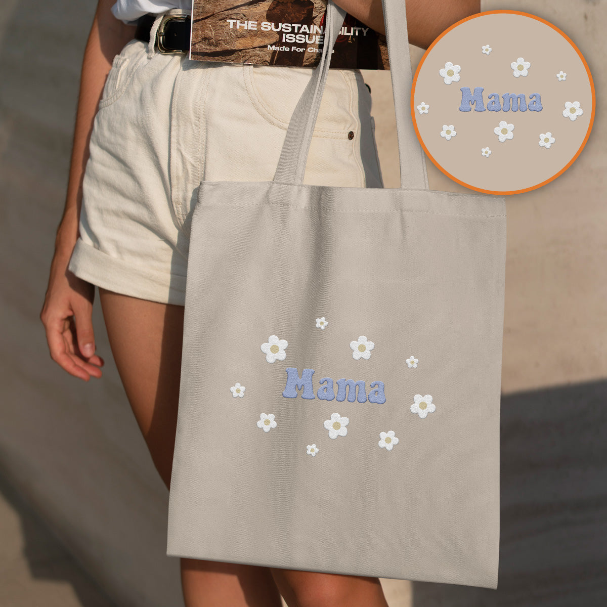 Sac fourre-tout brodé personnalisé avec nom et fleur - Sac fourre-tout brodé personnalisé pour belle-mère