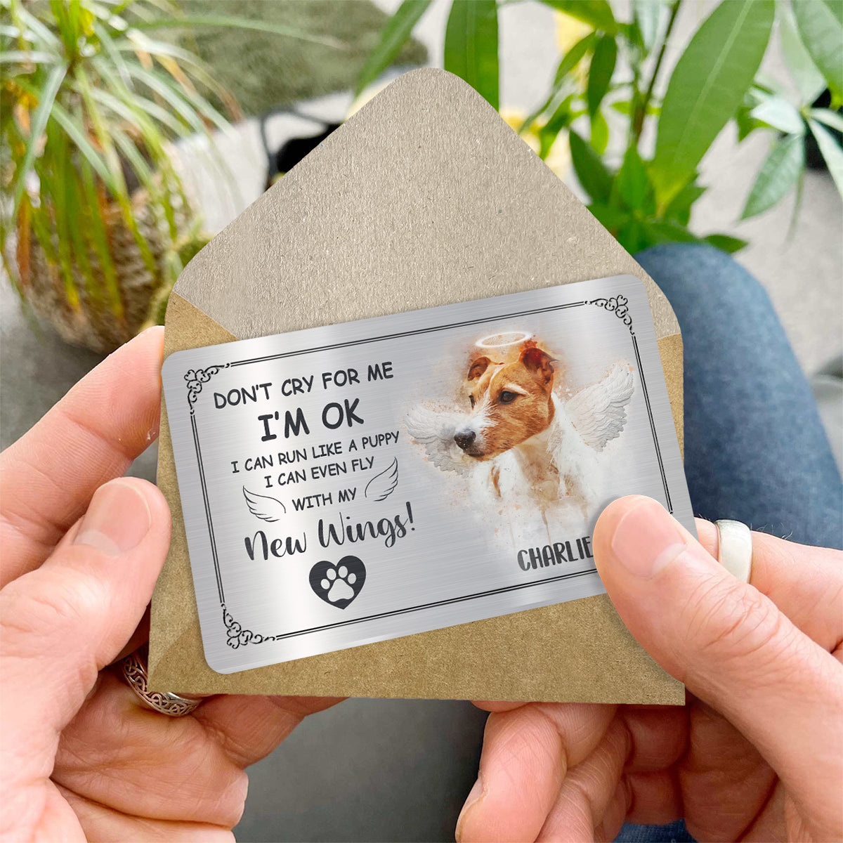 Ne pleure pas pour moi, je vais bien - Carte personnalisée à insérer dans le portefeuille de ton chien