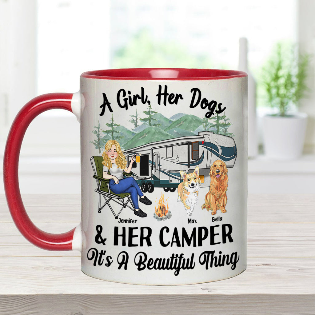 Une fille, son chien et sa caravane - Cadeau de camping pour les amoureux des chiens - Mug personnalisé
