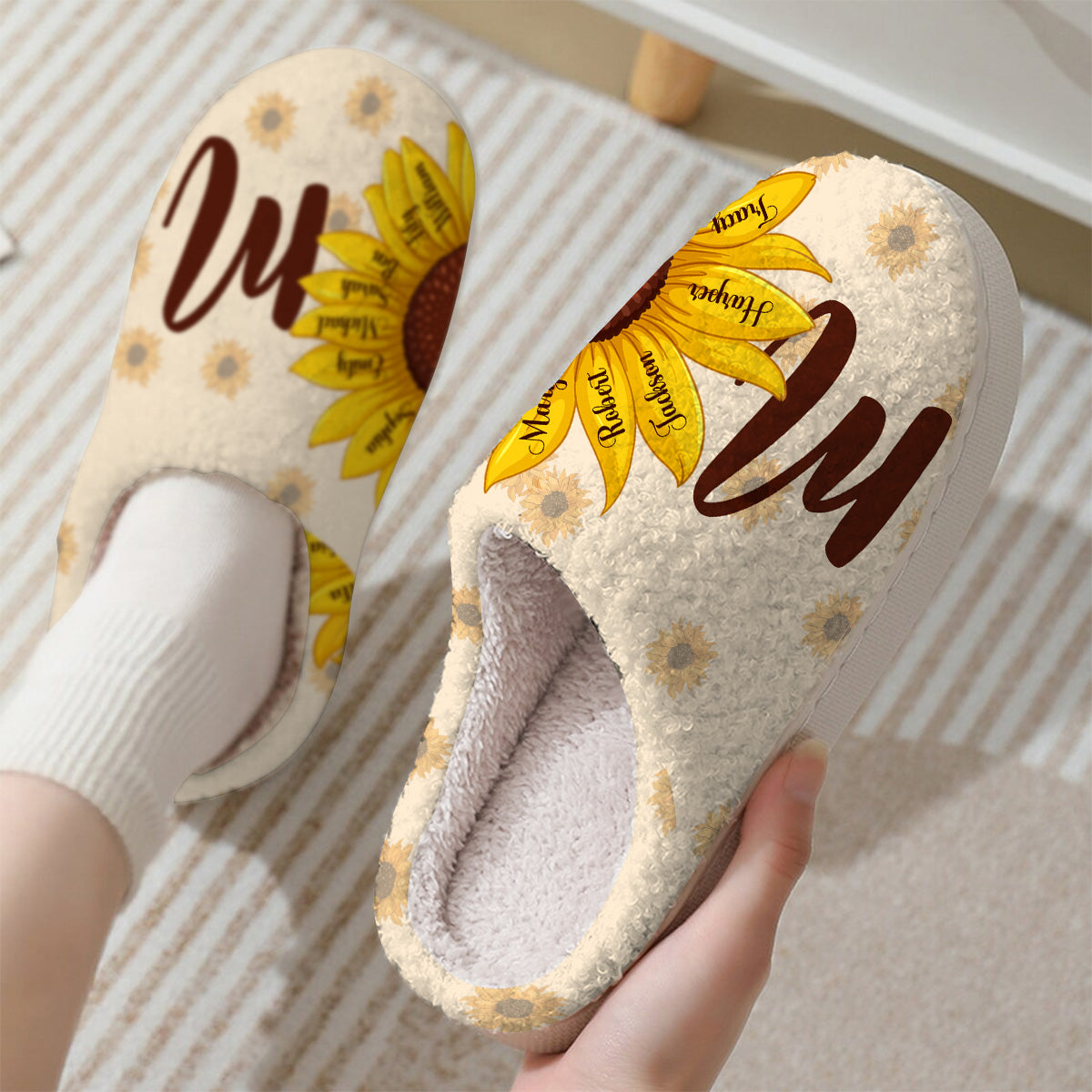 Pantoufles personnalisées pour maman et enfants, motif tournesol et papillons