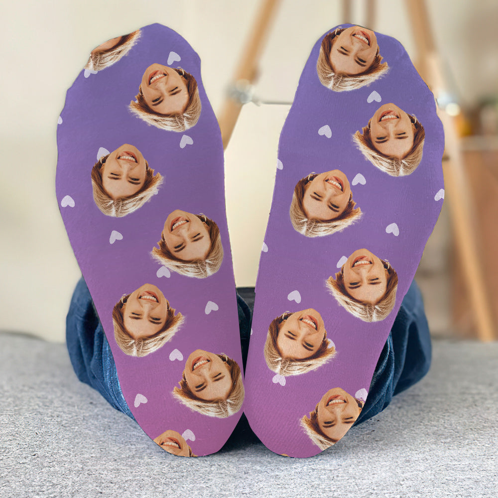 Chaussettes personnalisées pour frères et sœurs, motif violet et visage personnalisé