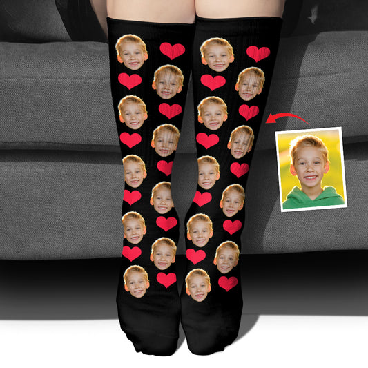 Chaussettes personnalisées pour petit-fils, motif cœur et visage personnalisé