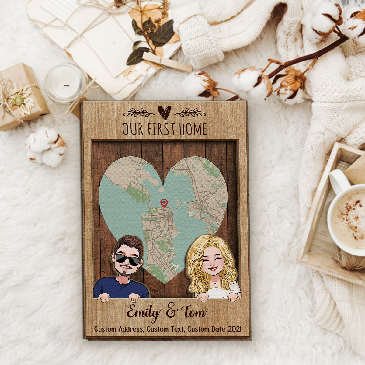 Notre première maison - Panneau/Plaque en bois personnalisé(e) à 2 couches pour pendaison de crémaillère