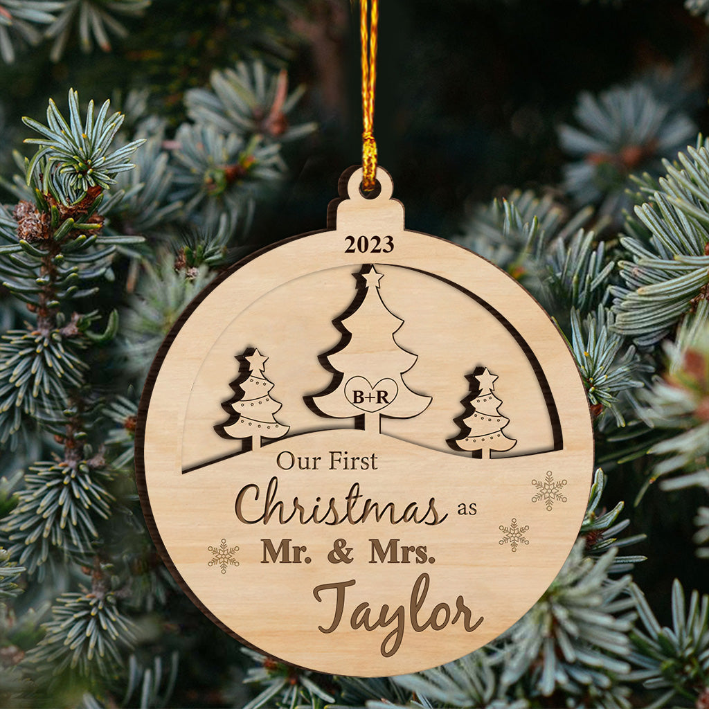 Our First Christmas As Mr & Mrs - Personalized Husband And Wife 2 Layered Wooden Ornament