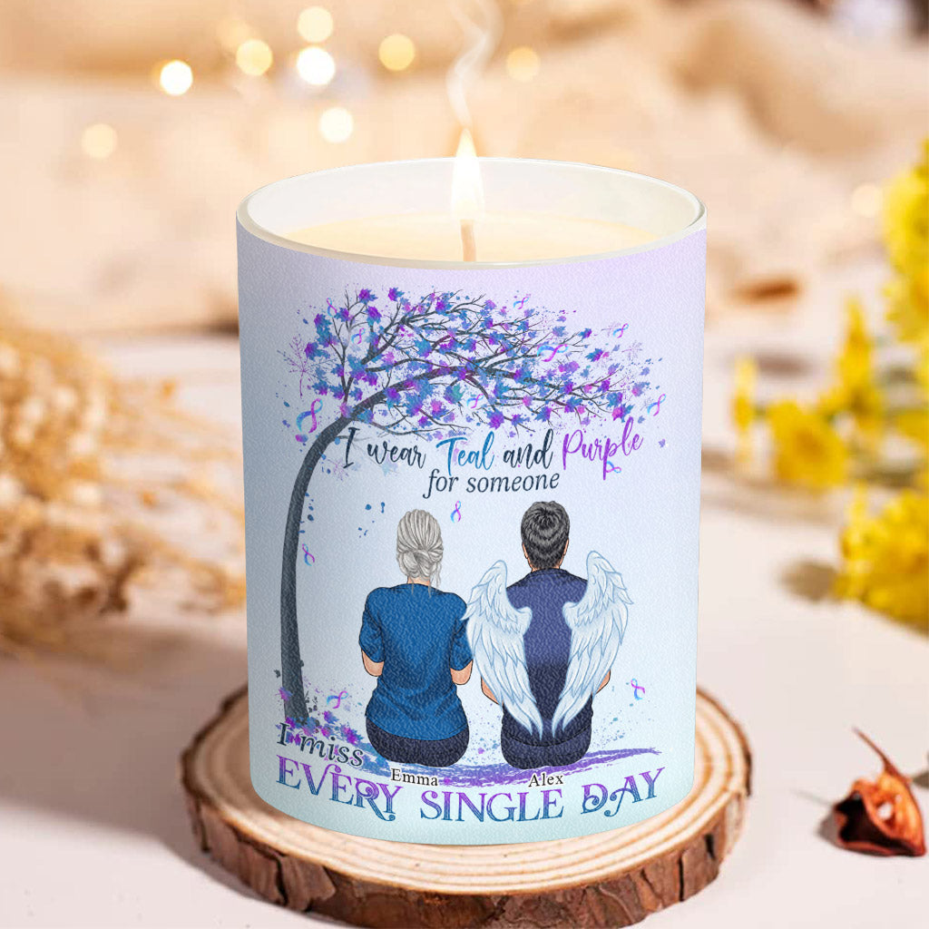 Je porte du turquoise et du violet - Bougie personnalisée de prévention du suicide avec couvercle en bois