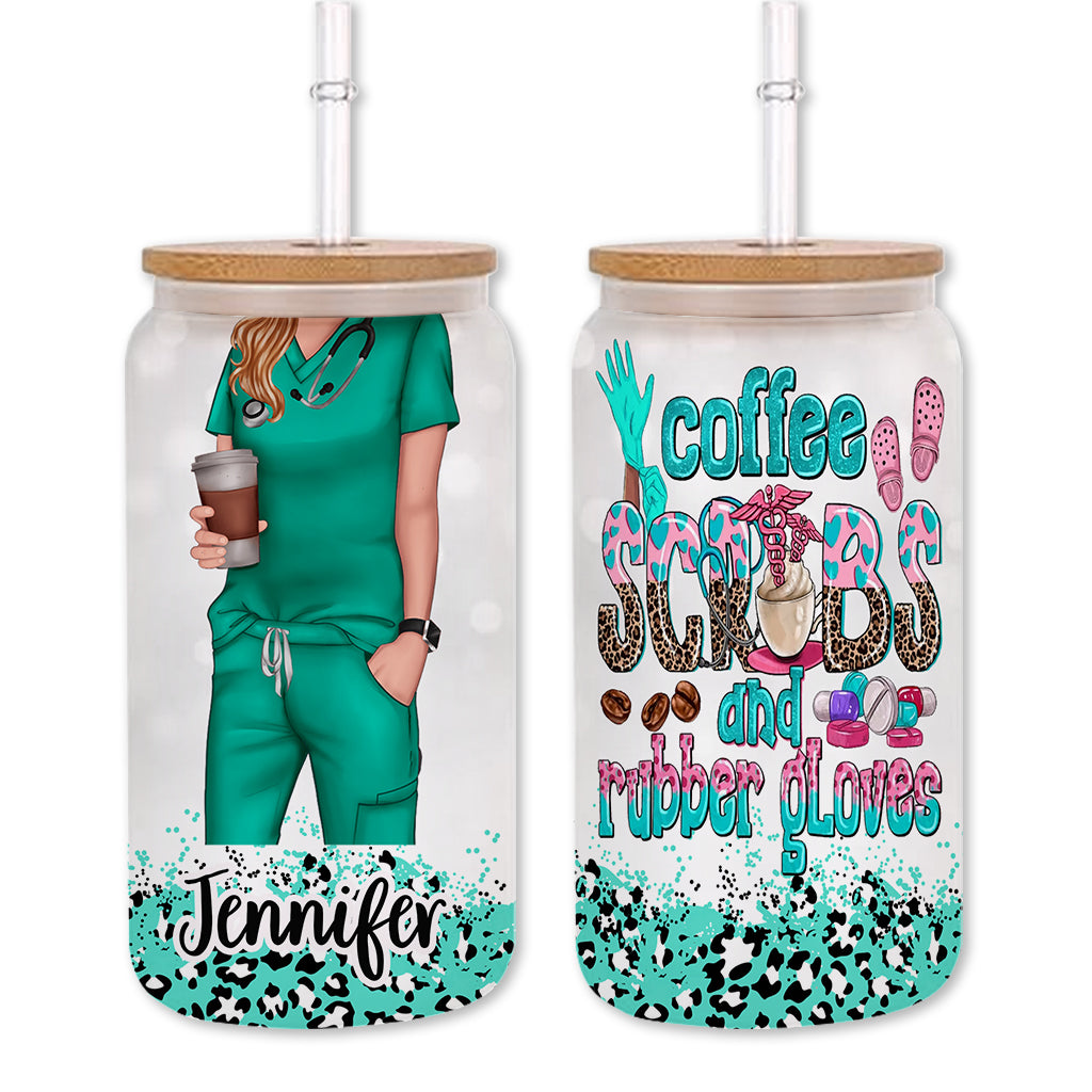 Gommages au café et gants en caoutchouc - Infirmière personnalisée en verre