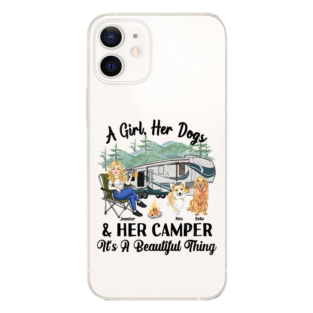 Une fille, son chien et sa caravane - Cadeau de camping pour les amoureux des chiens - Coque de téléphone transparente personnalisée