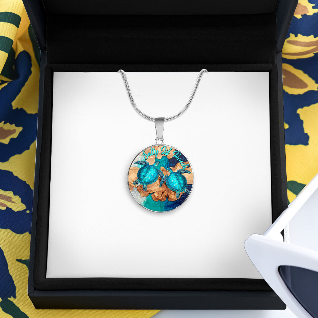 Salty Lil' Beach - Personalized Turtle Round Pendant Necklace