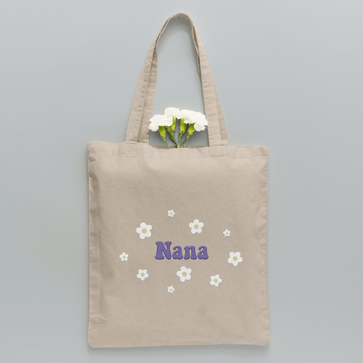 Sac fourre-tout brodé personnalisé avec nom et fleur - Nom de grand-mère - Sac fourre-tout brodé personnalisé