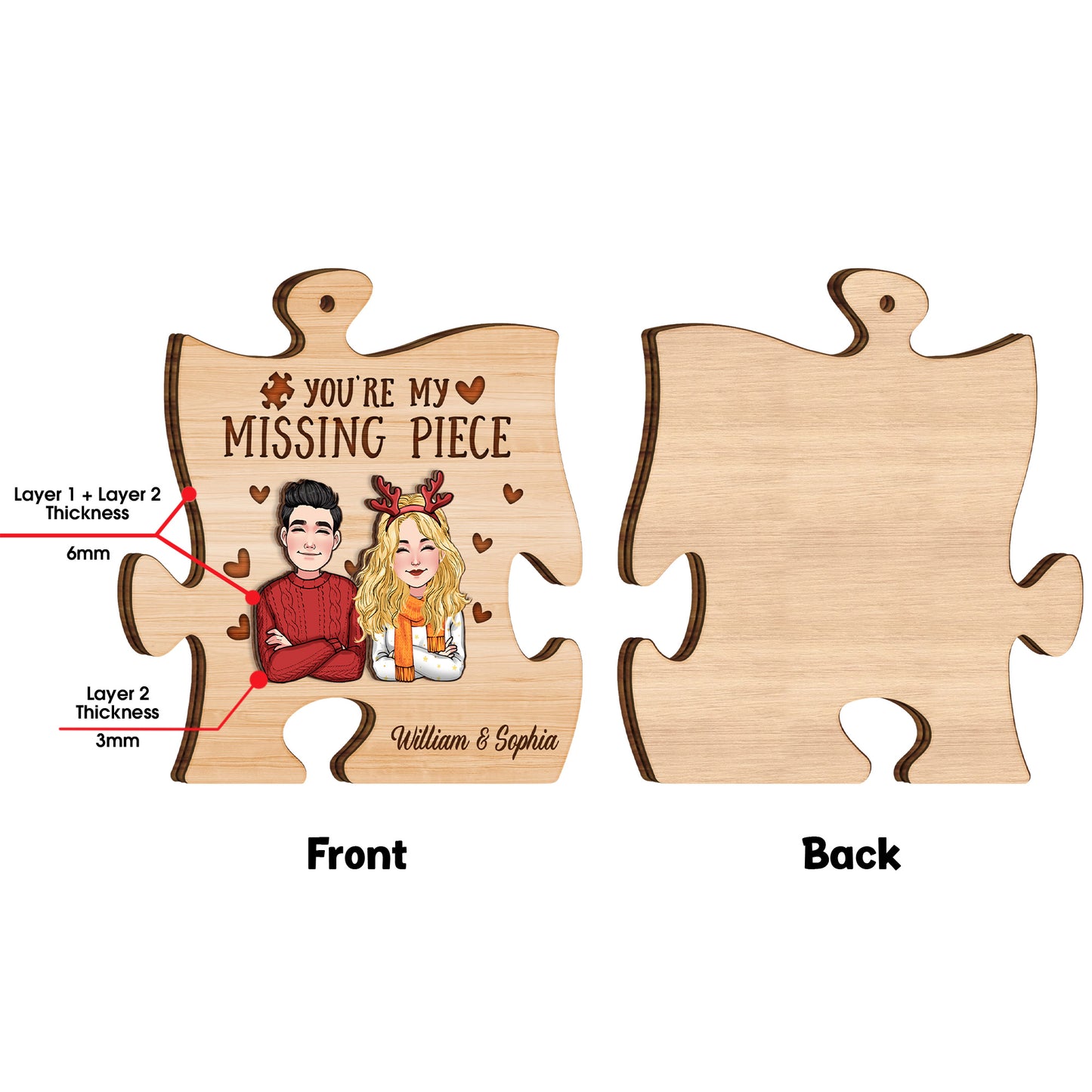 Tu es la pièce manquante de mon puzzle - cadeau pour épouse, époux, petite amie, petit ami - Ornement personnalisé à 2 couches
