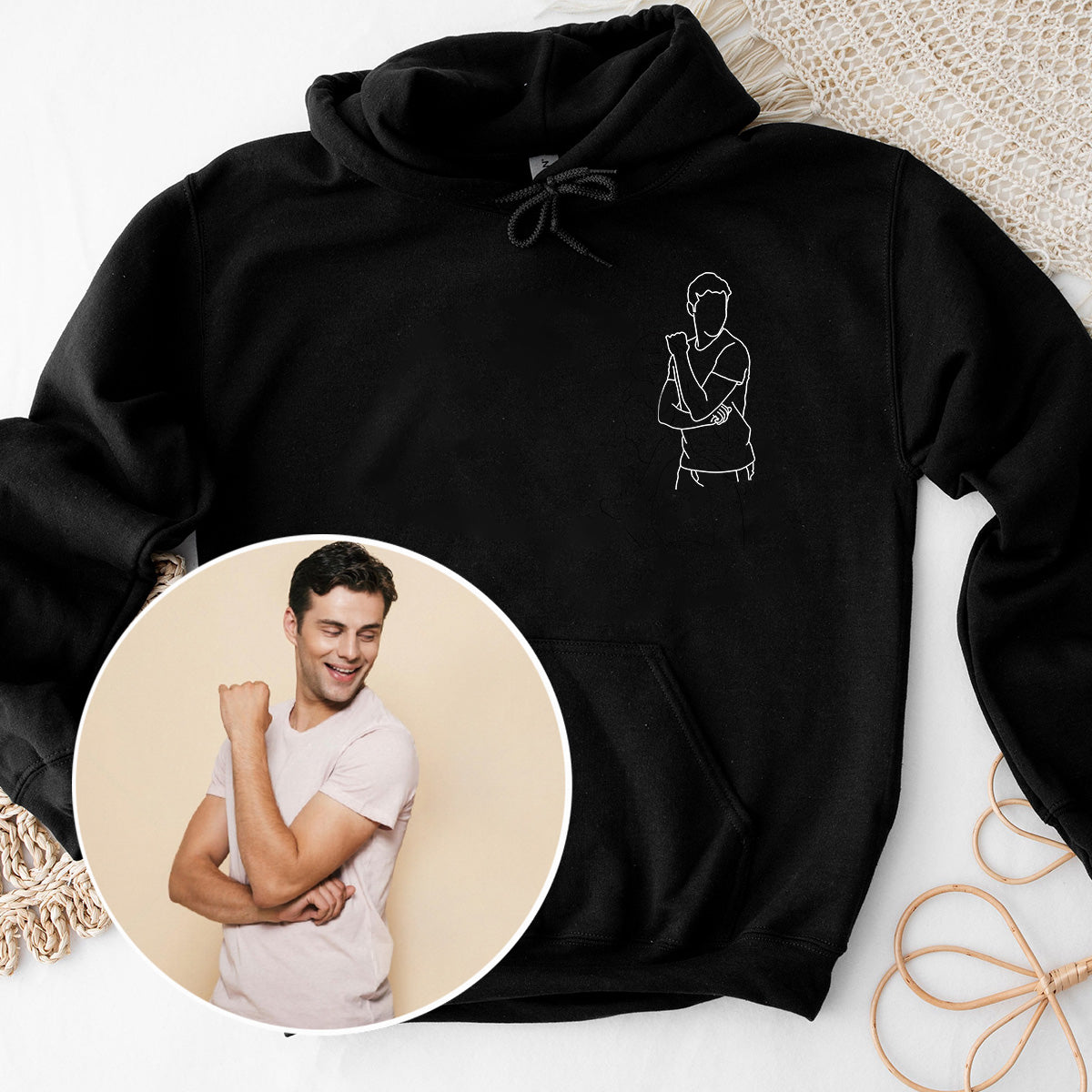 Sweat à capuche brodé personnalisé avec motif au trait - Sweat à capuche brodé personnalisé pour fils