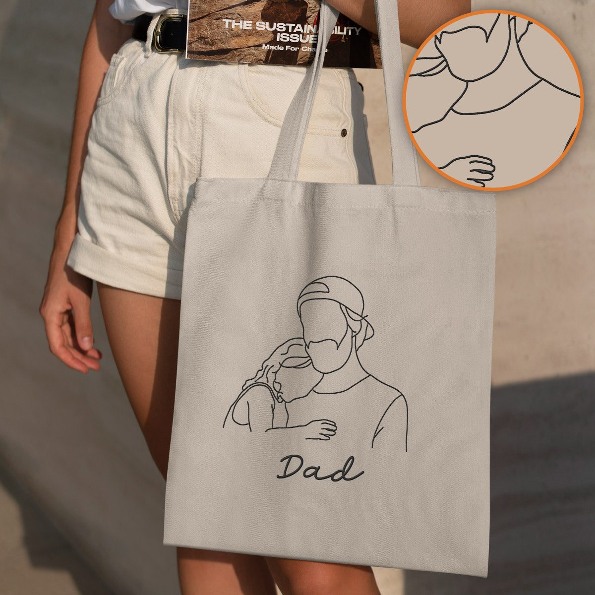 Sac fourre-tout brodé personnalisé avec photo au trait - Sac fourre-tout brodé personnalisé pour papa