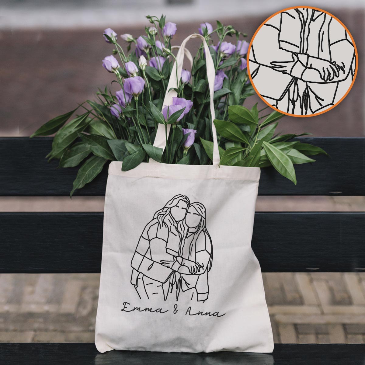 Sac fourre-tout brodé personnalisé avec photo au trait - Sac fourre-tout brodé personnalisé pour frères et sœurs