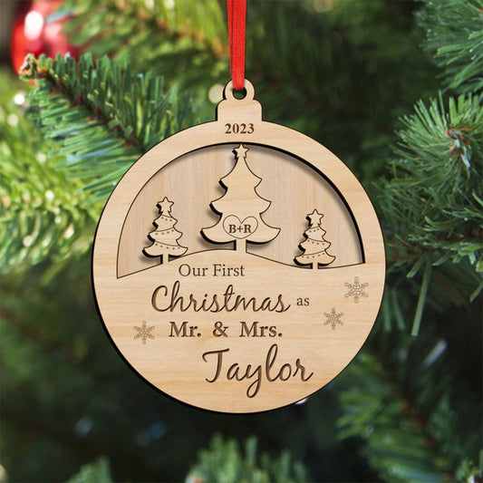 Our First Christmas As Mr & Mrs - Personalized Husband And Wife 2 Layered Wooden Ornament
