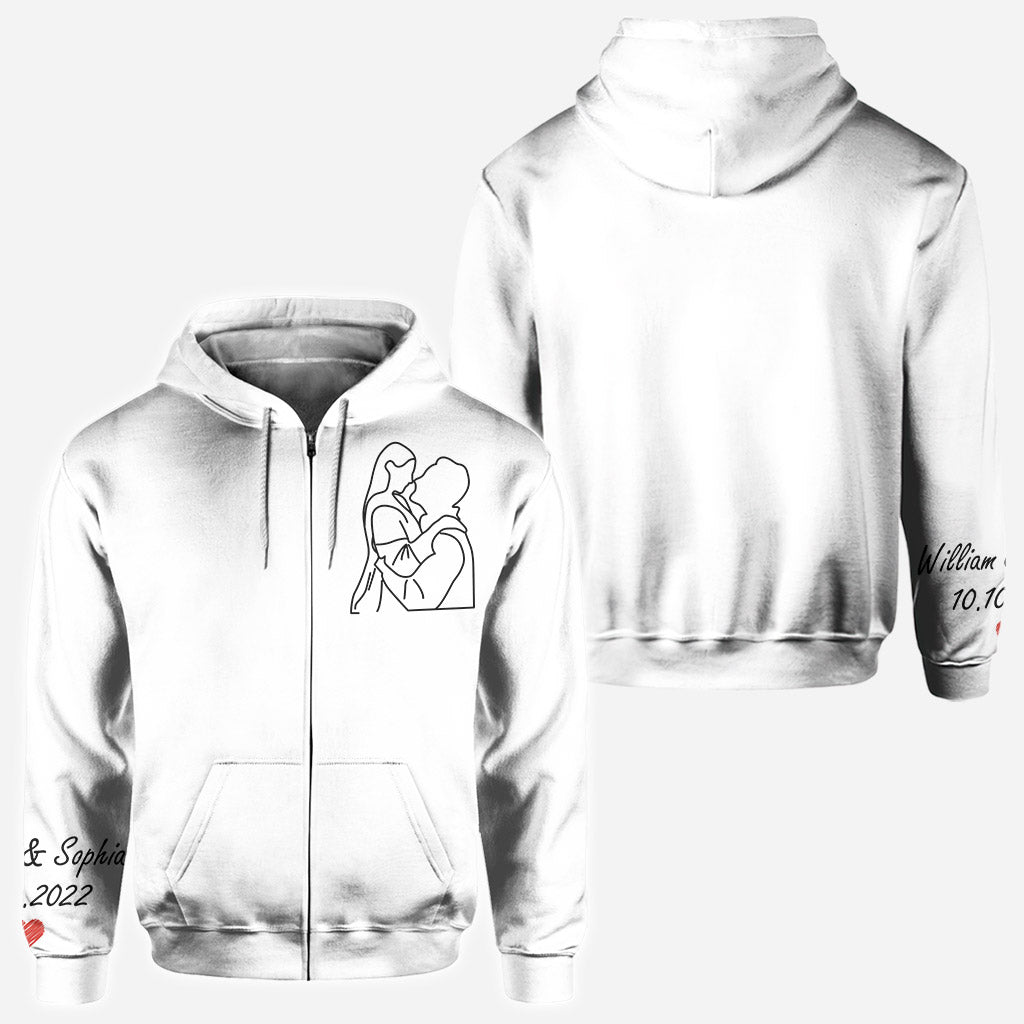 Portraits dessinés au trait personnalisés - T-shirt personnalisé mari et femme imprimé sur toute la surface