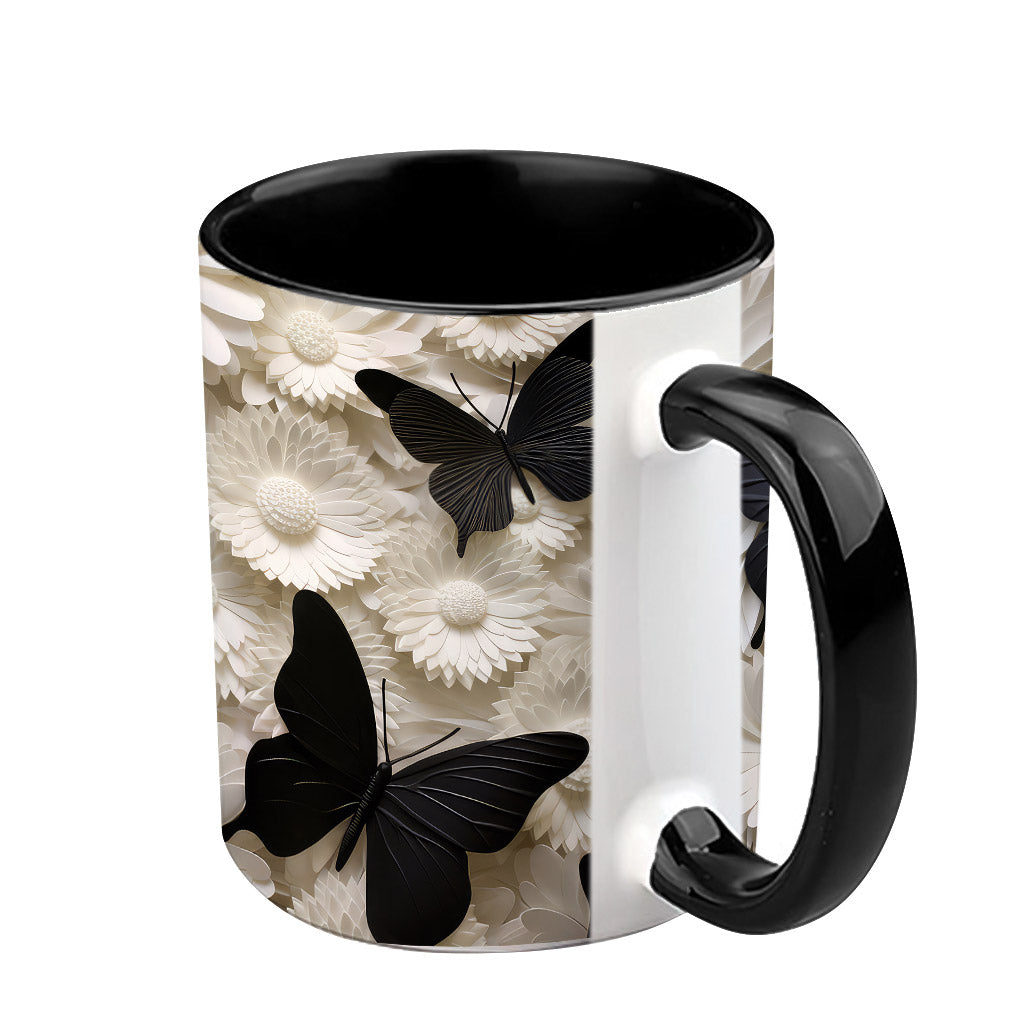 Elegant Black And White Butterflies And Flowers - Personalized Butterfly Accent Mug