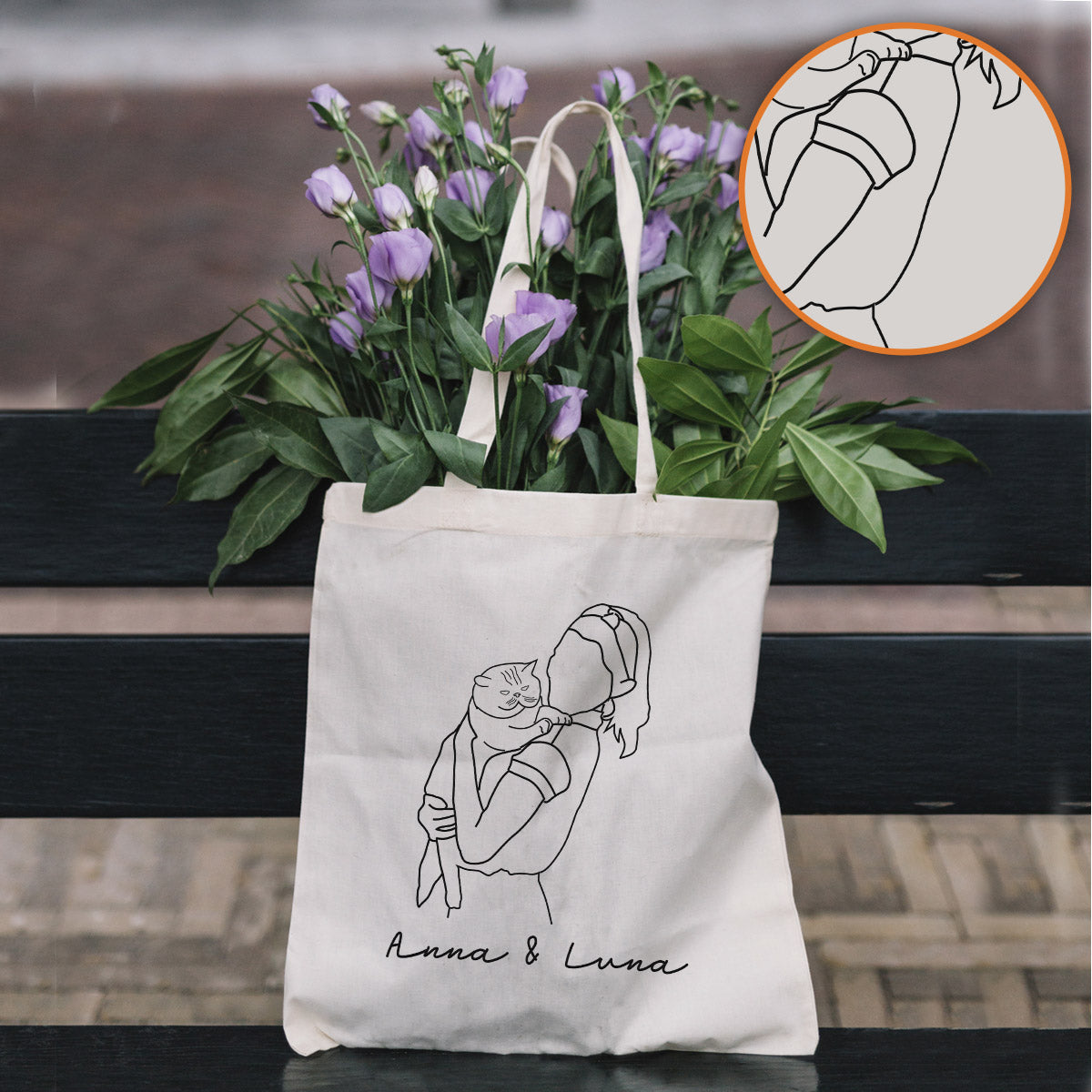 Sac fourre-tout brodé personnalisé avec photo au trait et motif chat